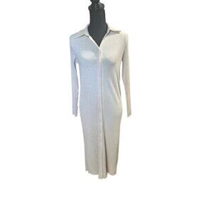 H&M Ribbed Button-Down Polo Midi Dress – Cream, Size S